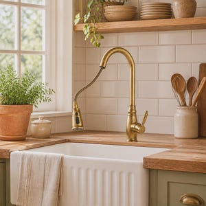 Può includere: Un rubinetto da cucina in ottone spazzolato con design a collo di cigno alto e doccetta estraibile. Il rubinetto è dotato di una singola leva laterale ed è installato sopra un lavello bianco in stile rustico con frontale scanalato.