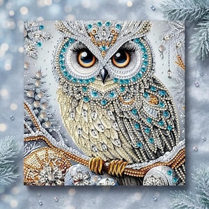 May include: A diamond painting art piece featuring a detailed owl with large amber eyes, decorated with silver, gold, and turquoise gems. The owl is perched on a branch surrounded by intricate snowflake patterns and sparkling crystal accents.