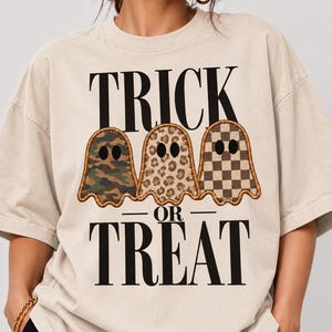 Trick Or Treat Spooky Season PNG, Retro Patch Ghost Halloween PNG, Leopard Camo Checkered Ghost Sublimation, Fall Shirt bag Digital Design