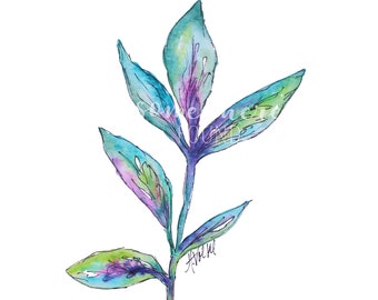 Purple & Green Leaves - Watercolor Print - Home Decor