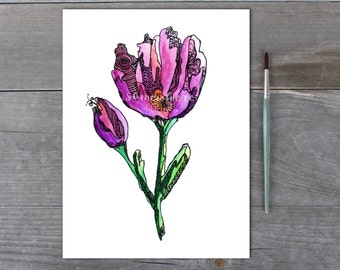 Tulip - Print of Original Watercolor Painting - Purple, Pink, Fuchsia, Green, Black