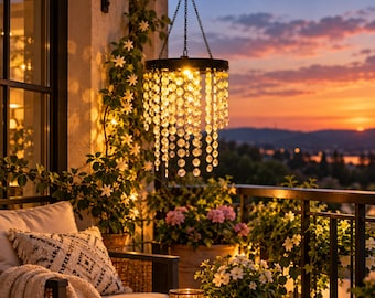 May include: A hanging outdoor chandelier featuring a circular black metal frame with multiple strands of clear, faceted crystal beads. The light fixture is suspended by a black chain and emits a warm, glowing light, illuminating the surrounding area.
