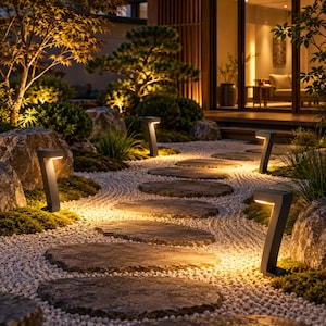May include: Three dark gray, angled LED path lights illuminate a garden walkway featuring flat, circular stepping stones set into white gravel. The lights cast a warm, downward glow onto the stones and surrounding mossy rocks at twilight.