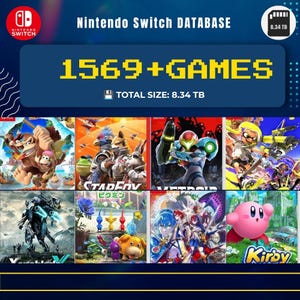 以下が含まれることがあります： 1569本以上のゲームと合計サイズ8.34TBを表示するNintendo Switchデータベースのデジタル画像。メモリーカードのアイコン、Nintendo Switchのロゴ、8つのカラフルなゲームパッケージイラストのグリッドが含まれています。