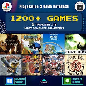 May include: A digital collection of 1200+ Playstation 2 games totaling 2TB of data. The graphic features the Playstation logo, a 2TB storage icon, and game covers including Shadow of the Colossus, Klonoa 2, Katamari Damacy, and Silent Hill 2.
