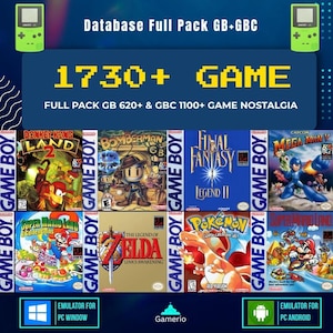 Puede incluir: Una colección digital titulada Database Full Pack GB+GBC con más de 1730 juegos para Game Boy y Game Boy Color. El gráfico muestra ocho portadas de juegos clásicos, incluyendo Donkey Kong Land 2, Bomberman, Final Fantasy, Mega Man V, Super Mario Land 2, The Legend of Zelda, Pokemon Red y Super Mario Land.