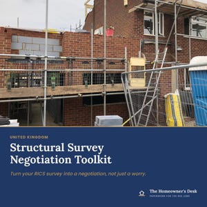 May include: A digital graphic featuring a dark blue background with white text that reads: UNITED KINGDOM Structural Survey Negotiation Toolkit. Turn your RICS survey into a negotiation, not just a worry. The Homeowner's Desk PAPERWORK FOR THE BIG JOBS.