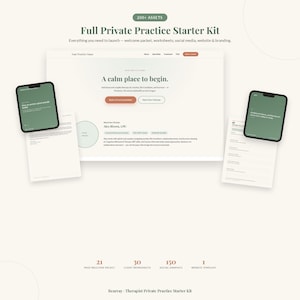 May include: A Full Private Practice Starter Kit featuring a website template, two mobile device mockups with green screens, and two document pages. Text includes 200+ Assets, 21 Page Welcome Packet, 30 Client Worksheets, 150 Social Graphics, and 1 Website Template.