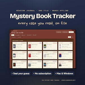 May include: A digital Mystery Book Tracker interface displayed on a dark background. The screen shows a catalog of book titles with status tags, author names, and page counts. Text includes Reading Journal, One File, Works Offline, and Seal your guess.