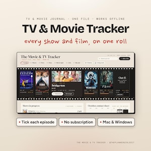 May include: A digital TV and movie tracker interface displayed on a screen, featuring a film strip design with posters for La La Land, Titanic, Bridgerton, Wednesday, and From. The layout includes navigation tabs, search, and progress tracking.