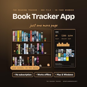 May include: A digital book tracker app interface featuring a virtual bookshelf with colorful book spines and a dashboard displaying reading statistics, 2026 year, 19 books, 7,312 pages, and a 4.0 star rating on a dark brown background.