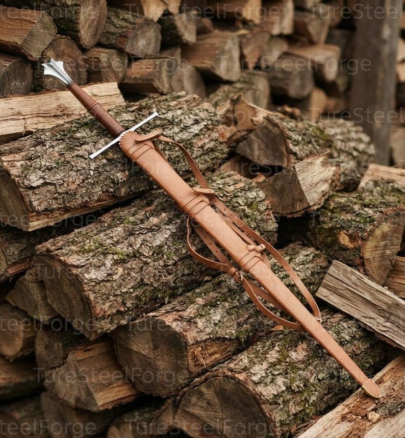 Puede incluir: Una espada larga con pomo y guarda de metal plateado, empu&ntilde;adura forrada en cuero marr&oacute;n y una vaina de cuero marr&oacute;n a juego que presenta correas de cuero integradas y una contera de metal en el extremo puntiagudo de la funda.
