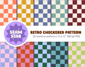 May include: A digital collection of 20 seamless checkered patterns in various color combinations including orange, yellow, blue, teal, maroon, pink, green, and lime. The text reads SEAM STAR RETRO CHECKERED PATTERN 20 seamless patterns 12 x 12 300 dpi PNG.