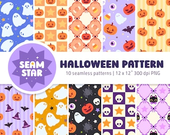 May include: A digital collection of ten seamless Halloween patterns featuring ghosts, jack-o'-lanterns, skulls, bats, candy corn, and black cats. The image includes a purple circular logo with the text SEAM STAR and HALLOWEEN PATTERN.