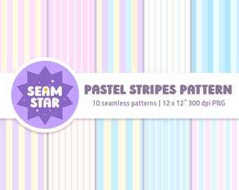 May include: A digital graphic featuring a repeating vertical pastel stripe pattern in shades of pink, yellow, blue, and purple. A circular purple logo with a starburst shape contains the text SEAM STAR. Text reads PASTEL STRIPES PATTERN 10 seamless patterns | 12 x 12" 300 dpi PNG.