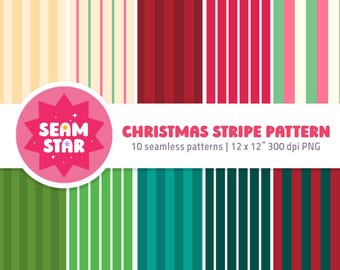 May include: A digital collection of ten seamless Christmas stripe patterns featuring vertical lines in red, green, pink, and cream. A pink circular logo with the text SEAM STAR and the words CHRISTMAS STRIPE PATTERN 10 seamless patterns 12 x 12 300 dpi PNG.