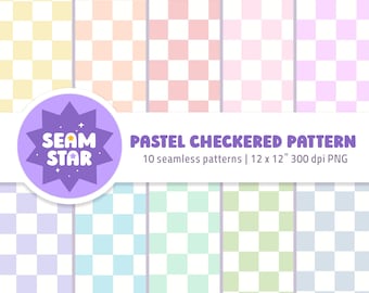 May include: A digital collection of ten seamless pastel checkered patterns in various colors including yellow, orange, pink, purple, blue, and green. A purple circular logo features the text SEAM STAR with a small star icon.