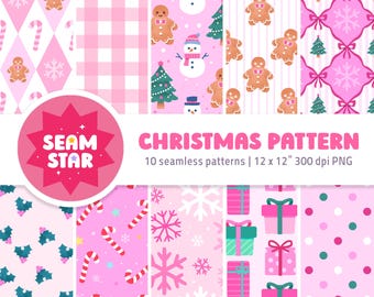 May include: A digital collection of ten seamless Christmas patterns featuring pink and white color schemes. Designs include gingerbread people, snowmen, pine trees, snowflakes, candy canes, gift boxes, and polka dots. Text reads SEAM STAR.