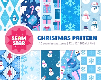 May include: A digital collection of 10 seamless Christmas patterns featuring snowmen, snowflakes, gift boxes, candy canes, and ornaments in shades of blue, white, and pink. The text reads SEAM STAR CHRISTMAS PATTERN 10 seamless patterns 12 x 12 300 dpi PNG.