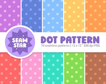 May include: A collection of 10 seamless dot patterns in various colors including purple, blue, yellow, orange, red, pink, teal, green, and brown. A circular logo features the text SEAM STAR. Text reads DOT PATTERN 10 seamless patterns | 12 x 12" 300 dpi PNG.
