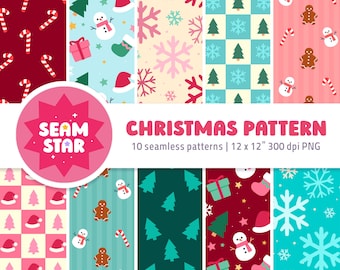 May include: A digital collection of 10 seamless Christmas patterns featuring festive motifs like candy canes, snowmen, gingerbread cookies, pine trees, snowflakes, gift boxes, and Santa hats in various color palettes including red, blue, and pink.