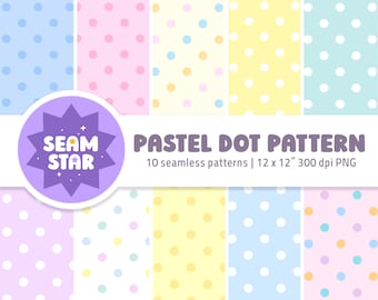 May include: A collection of ten seamless digital pastel dot patterns in various color combinations including blue, pink, yellow, and white. A purple circular logo features the text SEAM STAR, with the text PASTEL DOT PATTERN 10 seamless patterns 12 x 12 300 dpi PNG.