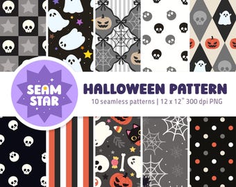 May include: A collection of ten seamless digital Halloween patterns featuring motifs of white ghosts, black skulls, orange pumpkins, spider webs, black cats, and candy corn on backgrounds of stripes, polka dots, and checkered star grids.
