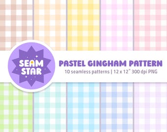 May include: A collection of ten seamless pastel gingham patterns in various colors including brown, orange, yellow, purple, pink, green, teal, blue, and lavender. The text reads SEAM STAR PASTEL GINGHAM PATTERN 10 seamless patterns | 12 x 12" 300 dpi PNG.