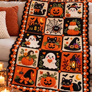 Patrón de ganchillo para Halloween, manta de patchwork con cuadrados aplicados (descarga en PDF)