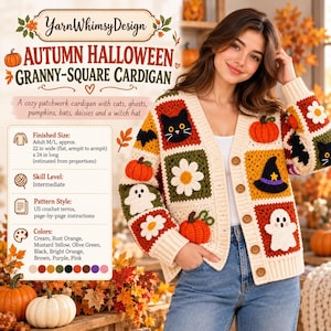 Op de afbeelding: Een crèmekleurig gehaakt vest met patchwork granny squares met motieven van zwarte katten, witte spoken, oranje pompoenen, zwarte vleermuizen, witte madeliefjes en een paarse heksenhoed, voorzien van bruine knopen.