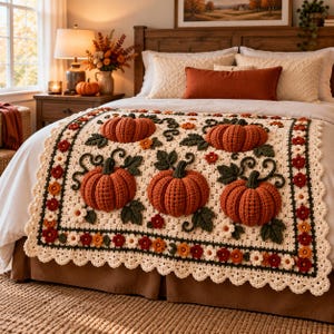 Puede incluir: Una manta de ganchillo color crema con cinco calabazas naranjas tridimensionales grandes, hojas y enredaderas de color verde oscuro. El borde está decorado con pequeñas flores de ganchillo en tonos rojo, naranja y blanco, con un borde festoneado.
