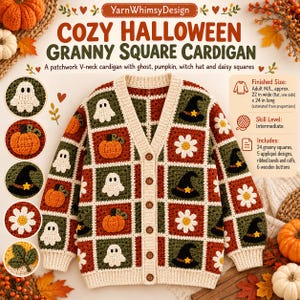 Cardigã quadrado de Halloween da vovó em crochê, modelo com apliques em patchwork (download em PDF)