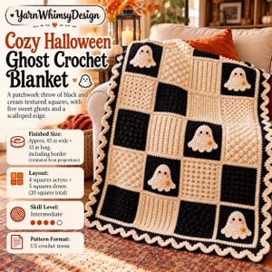 Halloween Ghost Crochet Blanket Pattern, Black Cream Patchwork Throw (Digital PDF)