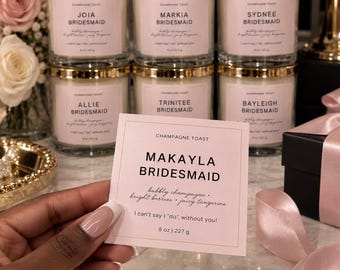 Gepersonaliseerde kaarsetiketten voor bruidsmeisjes | Cadeaus voor het aanzoek aan de bruidsmeisjes | Bedrukte etiketten