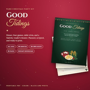 Pode incluir: Um kit de festa de Natal Ward intitulado Good Tidings, com uma capa verde-escura com texto dourado, uma caneca vermelha de cacau, biscoitos em forma de estrela e um presente. O kit inclui jantar, quatro jogos, trivia e teatro.