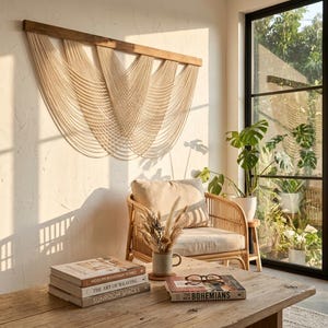 May include: A large wall hanging made of cream-colored cotton cord suspended from a horizontal wooden beam, featuring multiple draped, U-shaped sections that create a layered, symmetrical pattern across the wall surface.