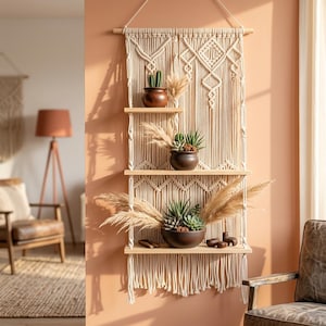 Op de afbeelding: Een wandkleed van macramé met drie horizontale houten planken. Het macramé is gemaakt van gebroken wit koord met ingewikkelde knooppatronen. Elke plank bevat donkerbruine keramische potten met diverse vetplanten en gedroogd pampasgras.