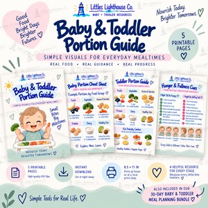 以下が含まれることがあります： 乳幼児向けのデジタルポーションガイド。食品グループのチャート、分量、空腹のサインが記載された5枚の印刷可能なページで構成されています。各ページには食品のイラストと、子供の食事に関するガイダンスが記載されています。