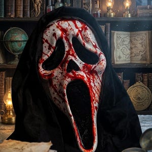 May include: A white ghost-like mask featuring a long, distorted mouth and eye openings, covered in streaks of bright red paint resembling blood. The mask is attached to a black fabric hood that drapes around the sides and back of the head.