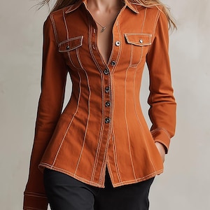 Peut inclure: Une chemise à manches longues boutonnée de couleur orange brûlé, dotée de surpiqûres blanches contrastantes, d'un col structuré, de deux poches poitrine à rabat et d'une taille cintrée s'évasant légèrement, portée avec un pantalon noir.