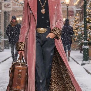 May include: A long pink velvet coat with leopard print cuffs and lining, worn over a black turtleneck and dark denim jeans. The outfit includes a gold belt buckle, layered gold necklaces, and a brown leather structured handbag with gold hardware.