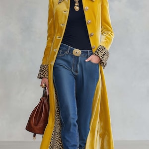 Può includere: Un lungo cappotto in velluto giallo senape con colletto e polsini leopardati, indossato sopra un dolcevita nero e jeans blu. Il cappotto presenta bottoni dorati, una borsa in pelle marrone e una fibbia della cintura color oro.