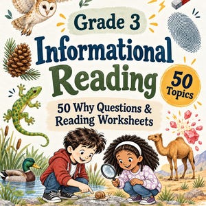 Könnte beinhalten: Ein Buchcover für Grade 3 Informational Reading von Little Learning Press mit Illustrationen von Eule, Magnet, Fingerabdruck, Tannenzapfen, Eidechse, Ente, Kamel und zwei Kindern, die eine Schnecke mit einer Lupe betrachten. Text enthält 50 Topics.
