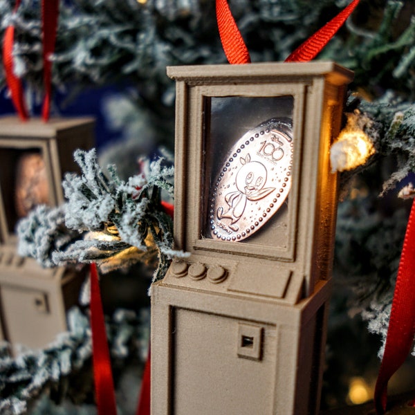 Custom Miniature 3D Printed Classic Pressed Penny Machine with Red Ribbon - Display Your Treasured Coin Collection