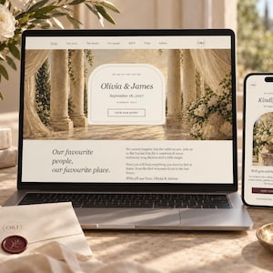 May include: A laptop and a smartphone displaying a wedding website for Olivia and James, featuring a cream-colored interface with classical column imagery, alongside a cream envelope with a dark red wax seal and a gold ring on a small tray.