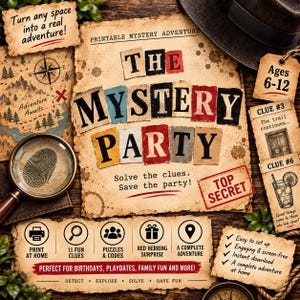 May include: A printable mystery party game kit featuring aged paper textures, a magnifying glass, and a fedora. The central text reads THE MYSTERY PARTY, Solve the clues. Save the party! TOP SECRET. Includes icons for printing, clues, puzzles, and codes.