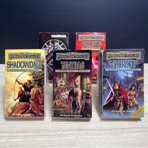 May include: A collection of five Forgotten Realms fantasy paperback books including Shadowdale, Tantras, Waterdeep, Crucible, and Prince of Lies. The covers feature colorful illustrations of characters in action, with bold titles and author names by Richard Awlinson.