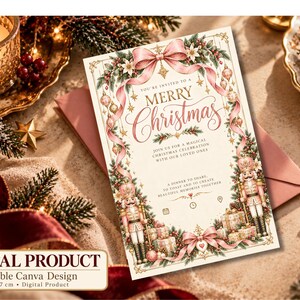 Könnte beinhalten: Eine rechteckige Weihnachtseinladungskarte mit cremefarbenem Hintergrund, rosa Schleifen, Nussknacker-Figuren und Tannenzweigen. Der Text lautet: You're invited to a Merry Christmas, join us for a magical Christmas celebration with our loved ones.