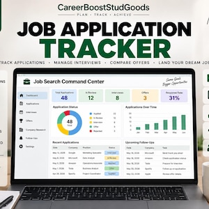 May include: A laptop screen displaying a Job Search Command Center dashboard with charts, application status, and follow-up lists. The interface includes text like Job Application Tracker, Excel Template, and Instant Download, alongside a white mug.