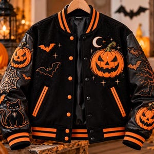 Geborduurd Halloween pompoen varsity jack, zwart-oranje bomberjack, gotische herfststijl